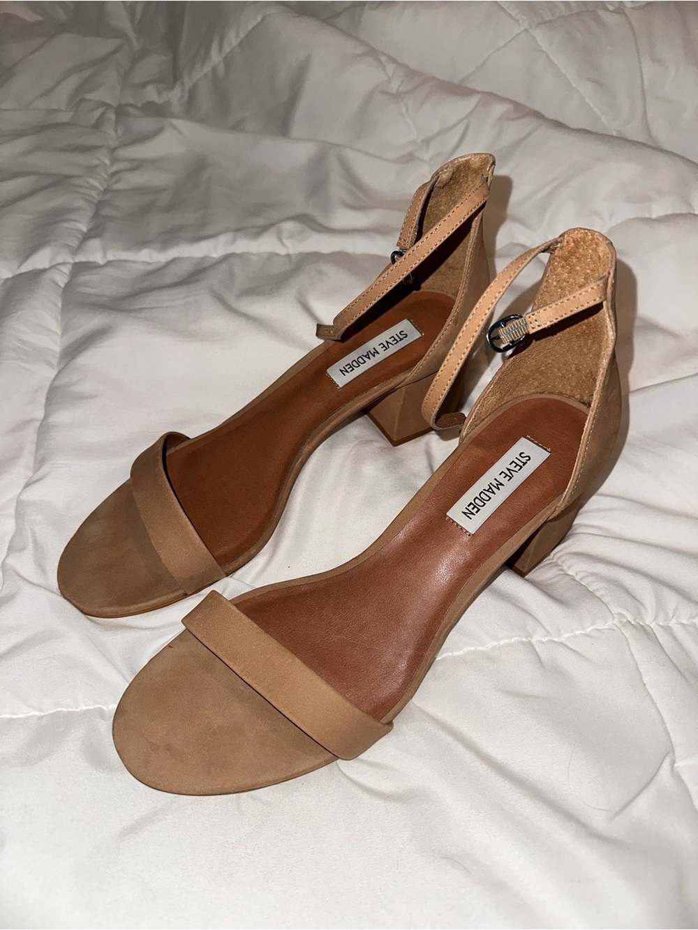Steve Madden Beige Tan Block Heel Sandals with Ankle Strap